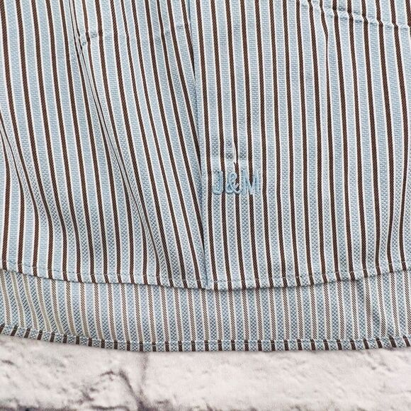 Johnston & Murphy Shirt Mens XL Blue White Brown Striped Button Down Easy Care - Picture 6 of 10